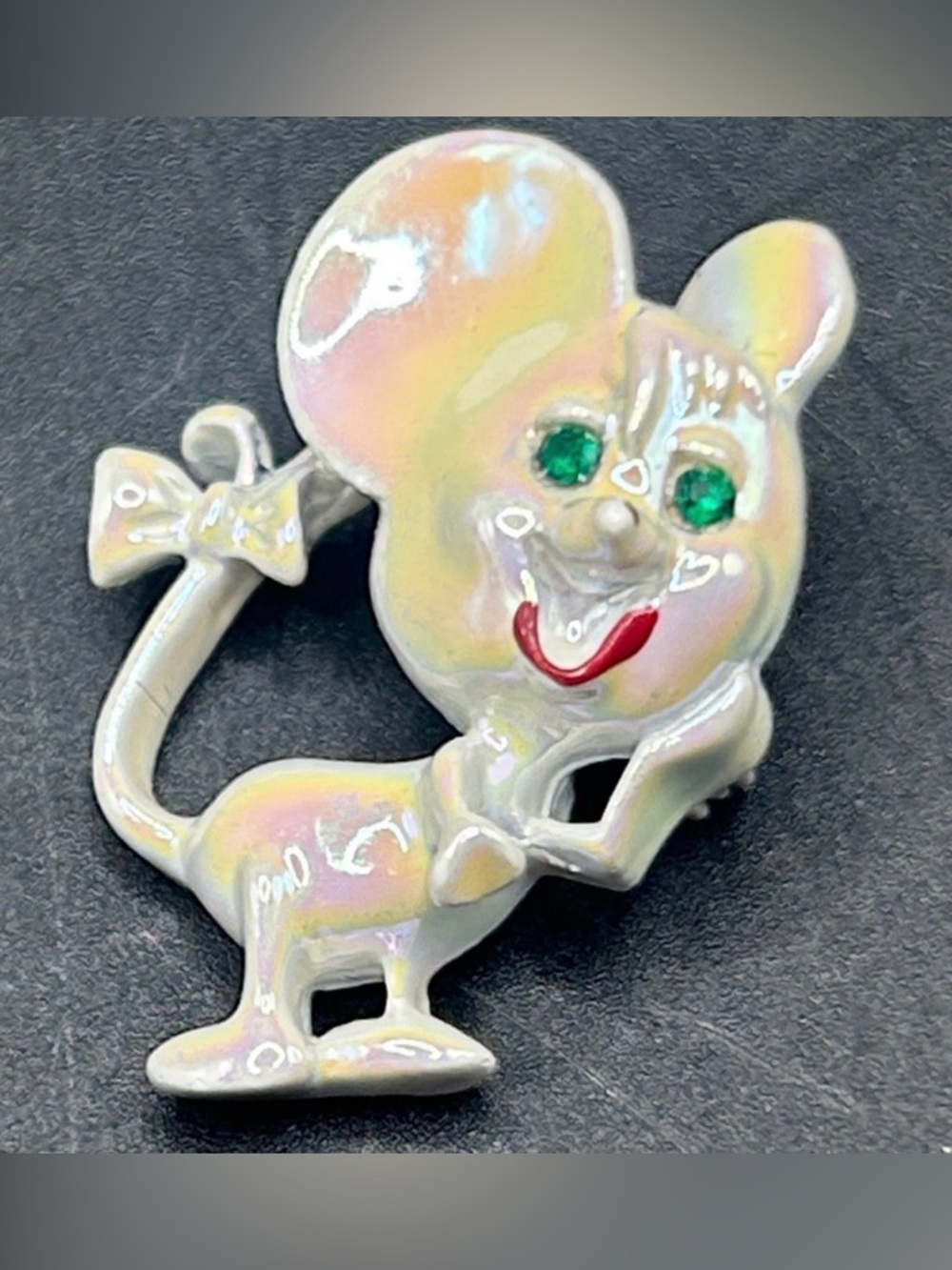 Vintage Iridescent Enameled Metal Mouse Brooch with Green Crystal Eyes Jewelry